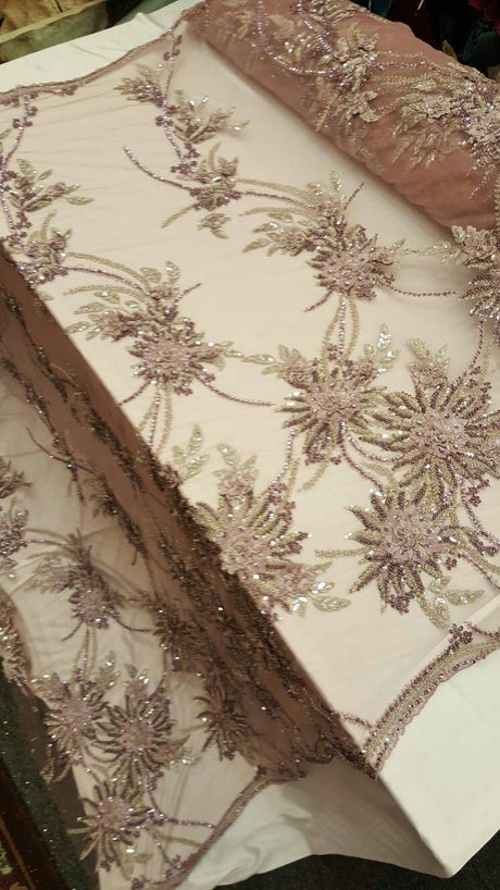 Beaded Bridal Lace Mauve 3D Floral
