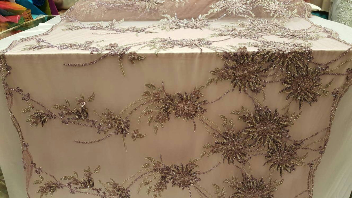 Beaded Bridal Lace Mauve 3D Floral