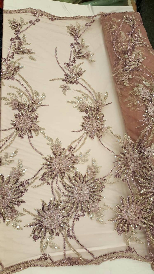 Beaded Bridal Lace Mauve 3D Floral