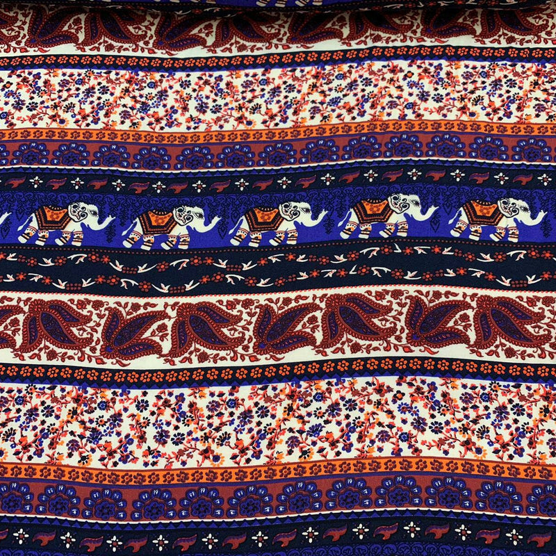 Rayon Challis Elephant Print Royal Blue Orange Multicolor