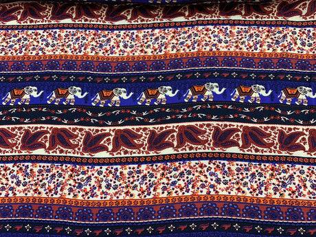 Rayon Challis Elephant Print Royal Blue Orange Multicolor