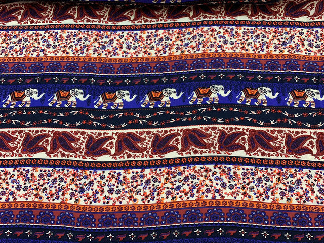 Rayon Challis Elephant Print Royal Blue Orange Multicolor