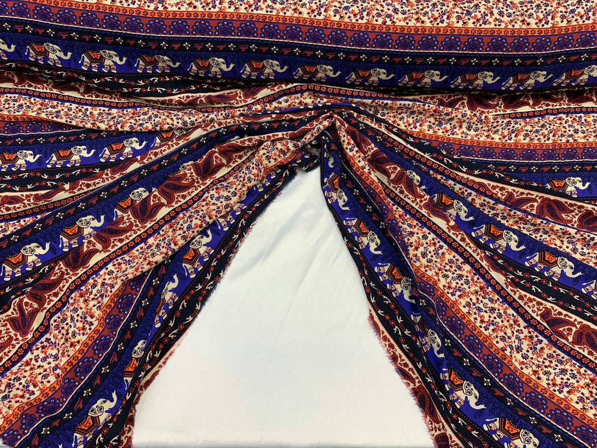 Rayon Challis Elephant Print Royal Blue Orange Multicolor