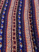 Rayon Challis Elephant Print Royal Blue Orange Multicolor
