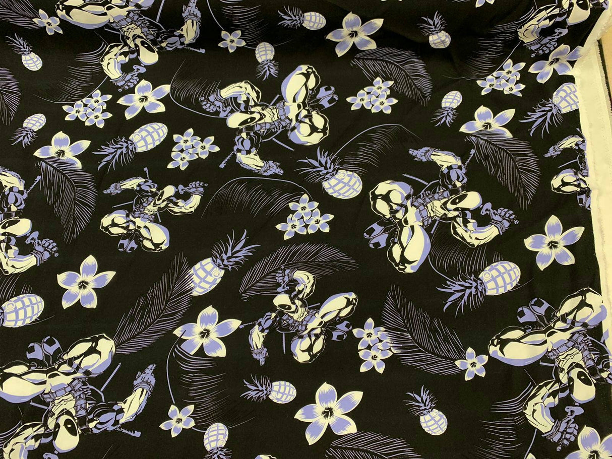 Rayon Challis Blue Black Floral