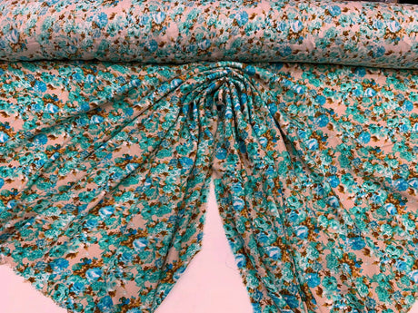 Rayon Floral Print Fabric Blue Green