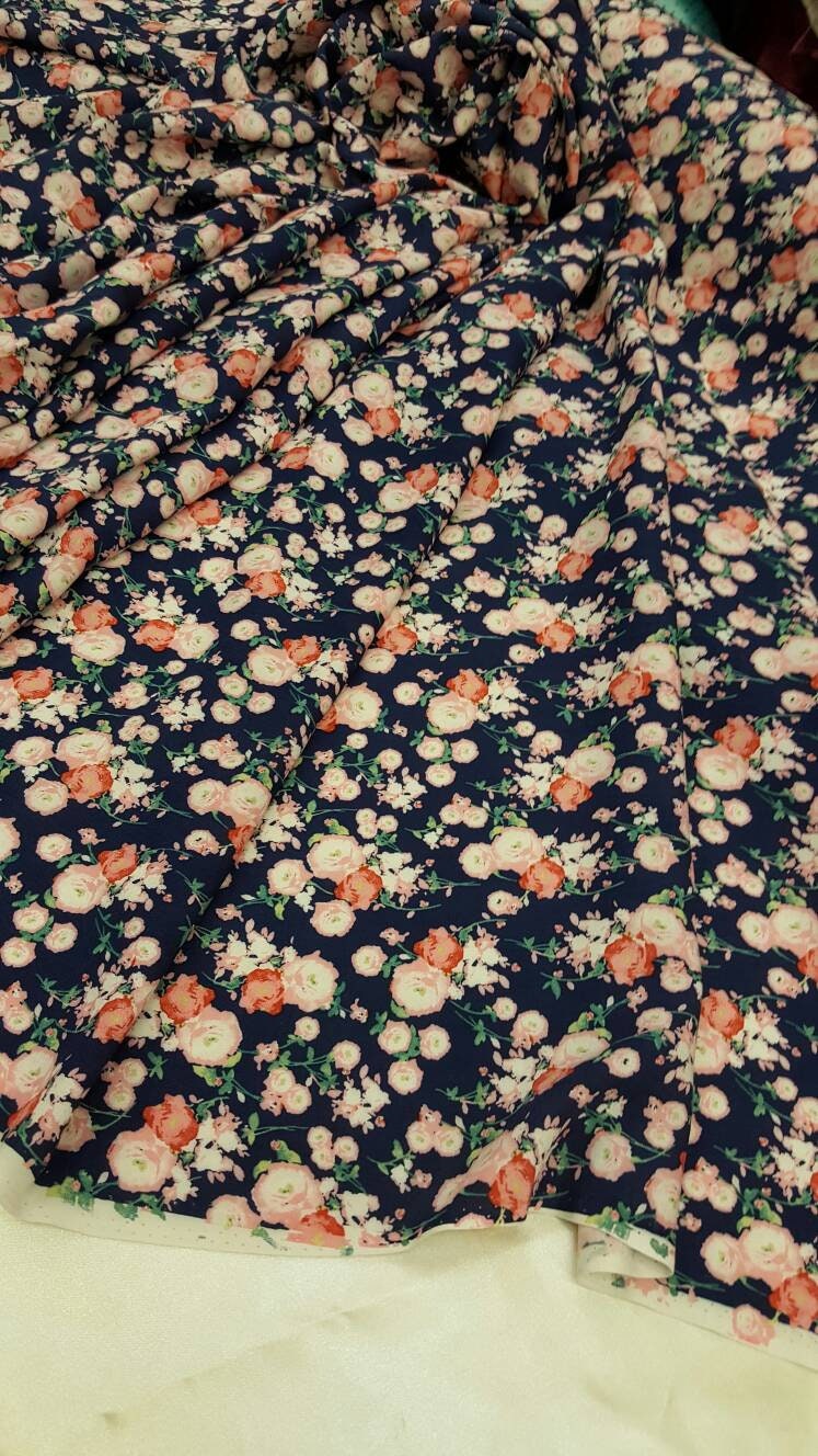 Rayon Challis Floral Print Navy Blue Pink