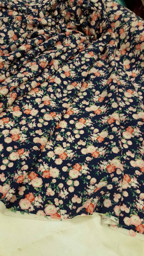 Rayon Challis Floral Print Navy Blue Pink