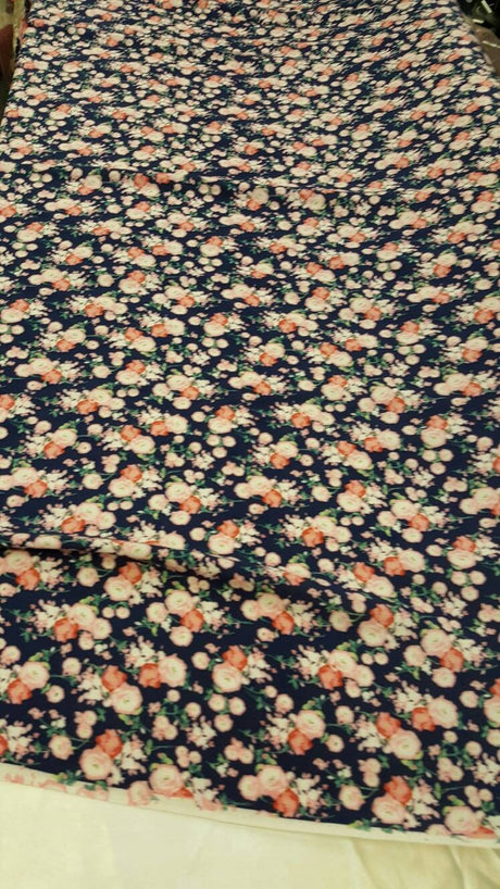 Rayon Challis Floral Print Navy Blue Pink