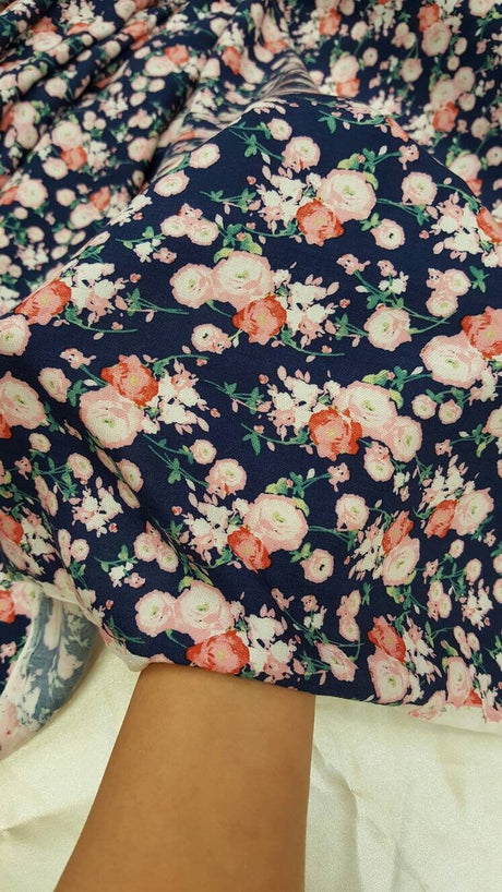 Rayon Challis Floral Print Navy Blue Pink