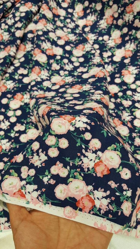 Rayon Challis Floral Print Navy Blue Pink