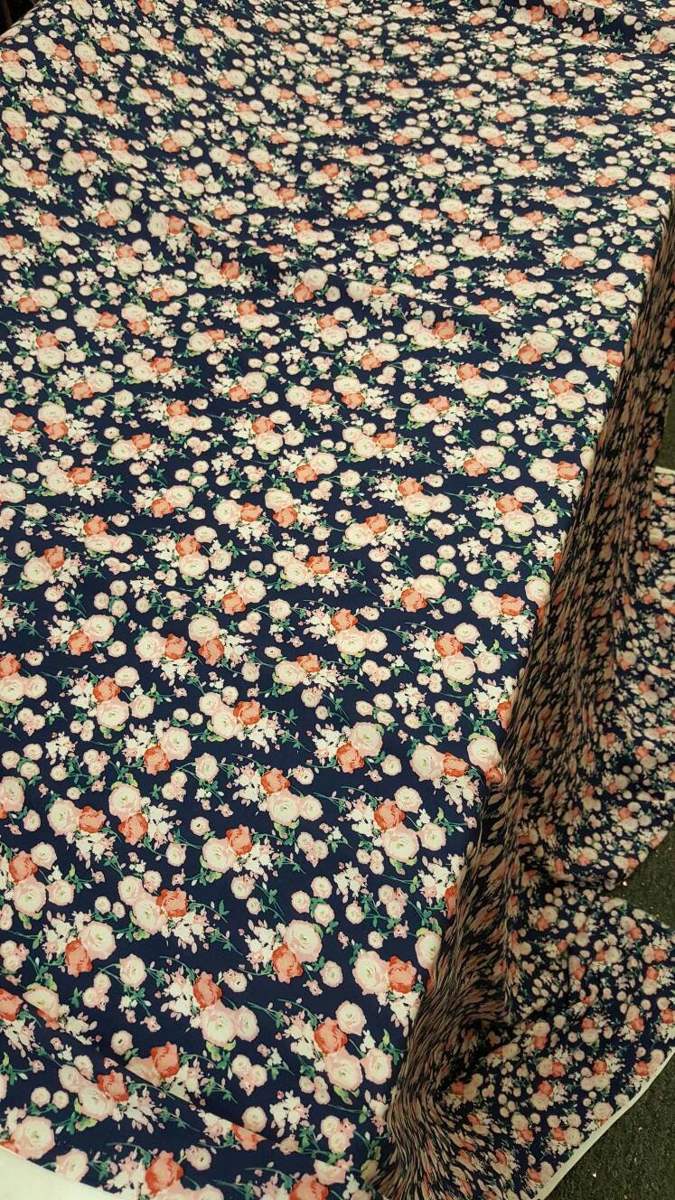Rayon Challis Floral Print Navy Blue Pink