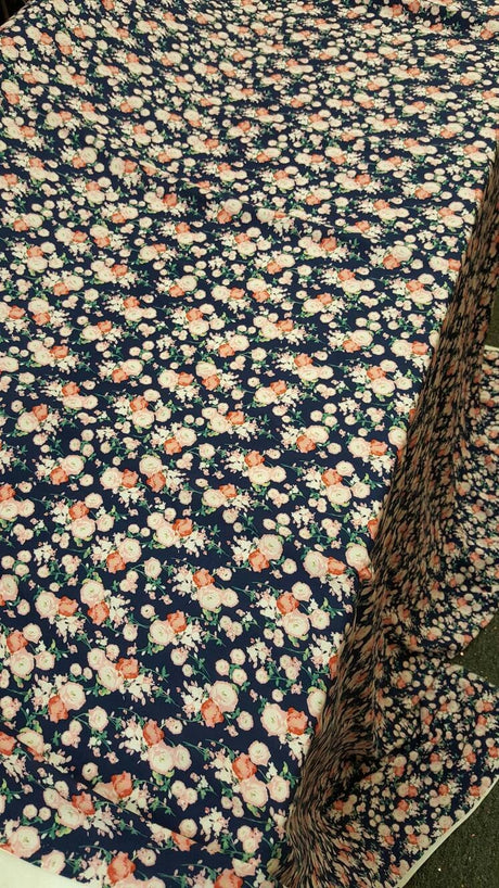 Rayon Challis Floral Print Navy Blue Pink