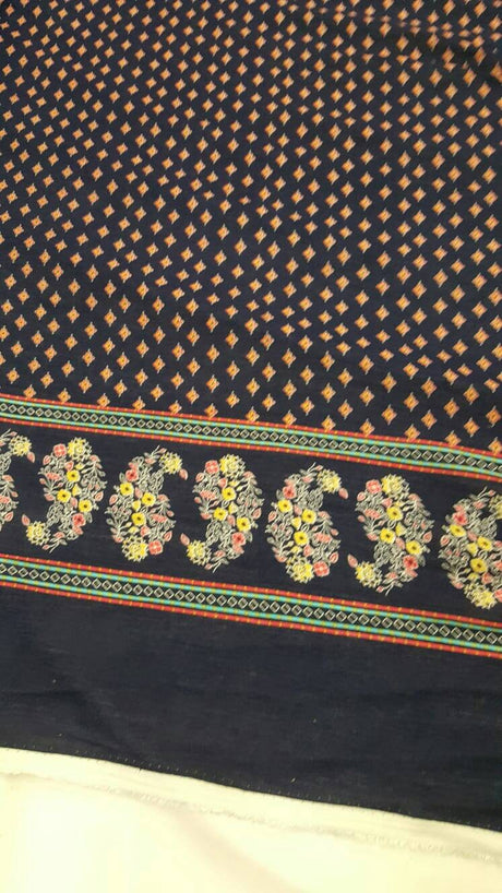 Rayon Challis Floral Print Fabric Navy Blue Yellow