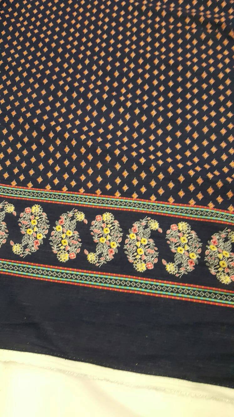 Rayon Challis Floral Print Fabric Navy Blue Yellow