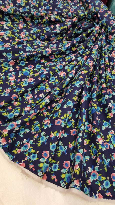 Rayon Challis Floral Print Navy Blue Pink