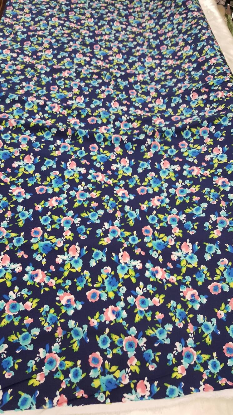 Rayon Challis Floral Print Navy Blue Pink