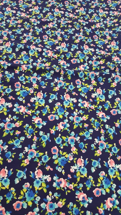 Rayon Challis Floral Print Navy Blue Pink
