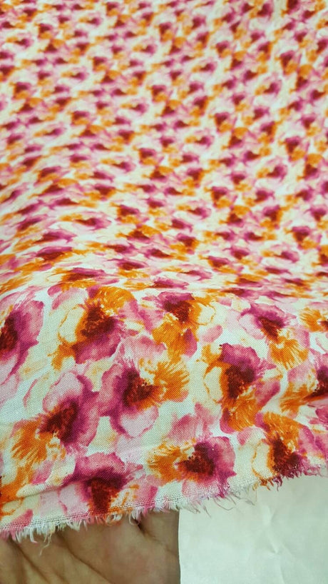 Rayon Floral Print Fabric Orange Fuchsia