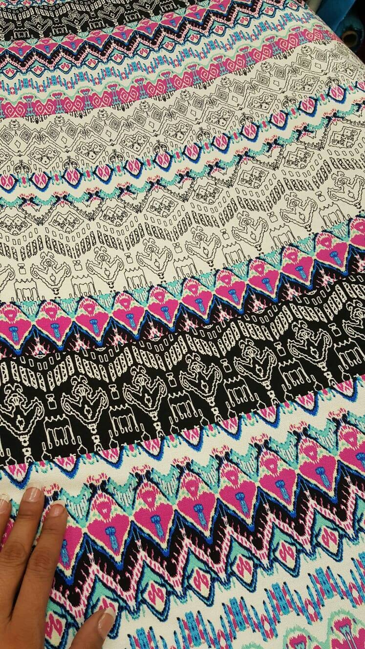 Rayon Challis Multicolor Geometric Pink Black White