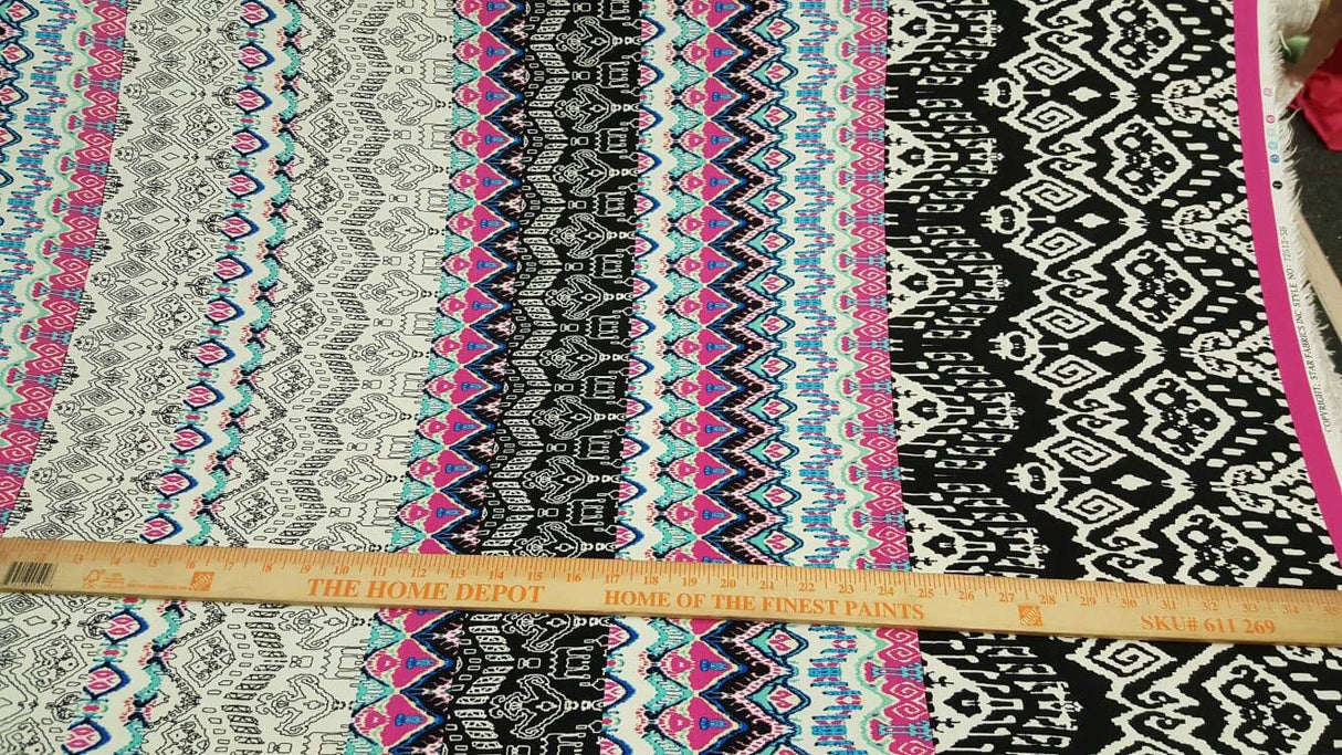 Rayon Challis Multicolor Geometric Pink Black White