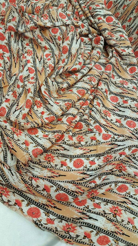 Rayon Challis Coral Peach Floral Print