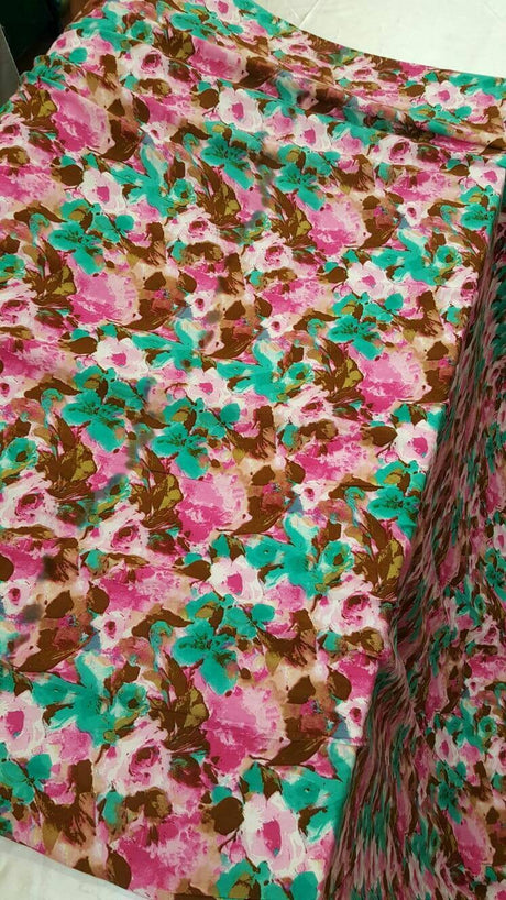 Rayon Floral Print Fabric Green Fuchsia Brown