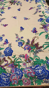 Rayon Challis Floral Butterfly Bird Print
