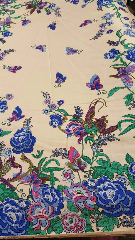 Rayon Challis Floral Butterfly Bird Print