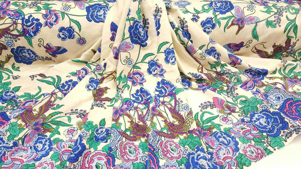 Rayon Challis Floral Butterfly Bird Print
