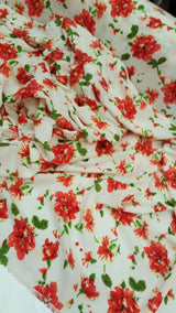 Rayon Challis Red and Green Floral on White