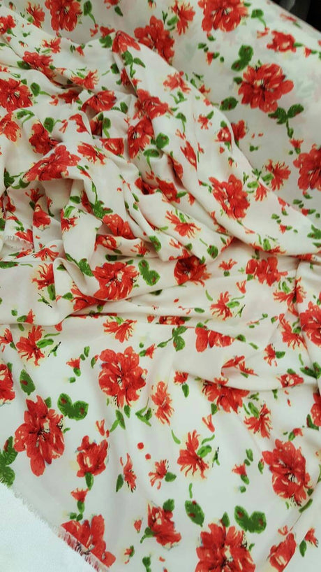 Rayon Challis Red and Green Floral on White