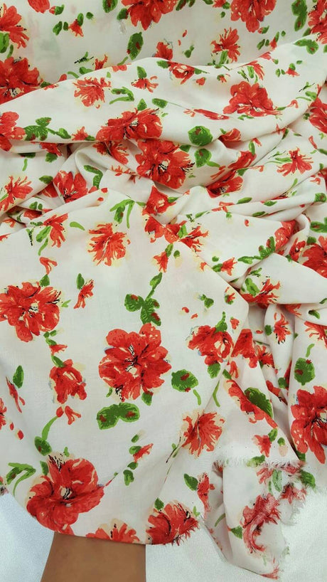 Rayon Challis Red and Green Floral on White