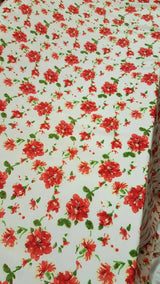 Rayon Challis Red and Green Floral on White
