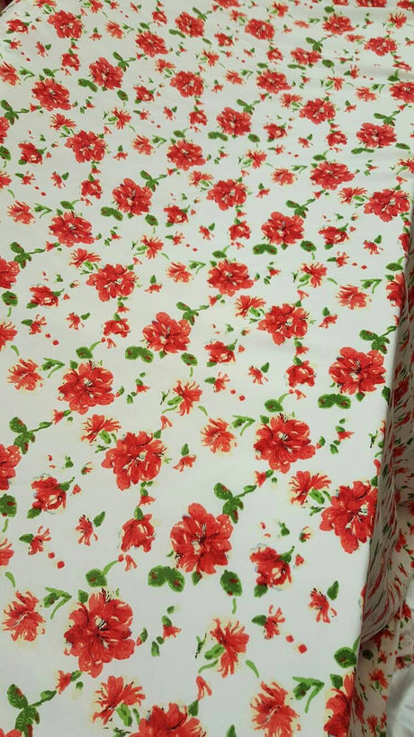 Rayon Challis Red and Green Floral on White
