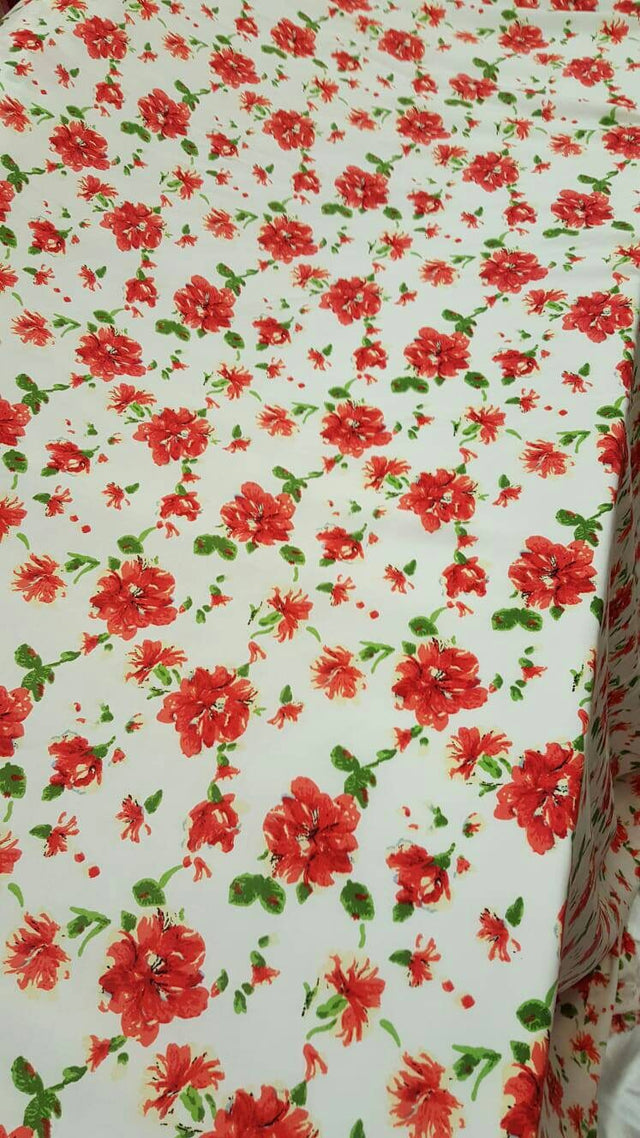 Rayon Challis Red and Green Floral on White