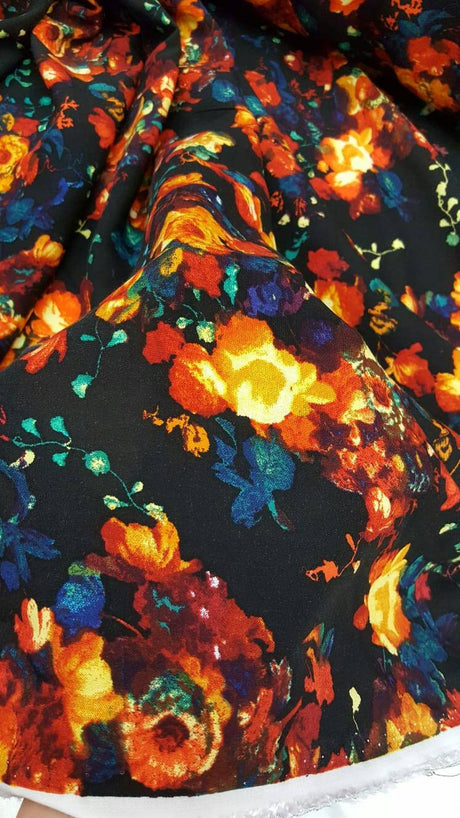 Rayon Floral Print Fabric Black Background