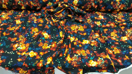 Rayon Floral Print Fabric Black Background