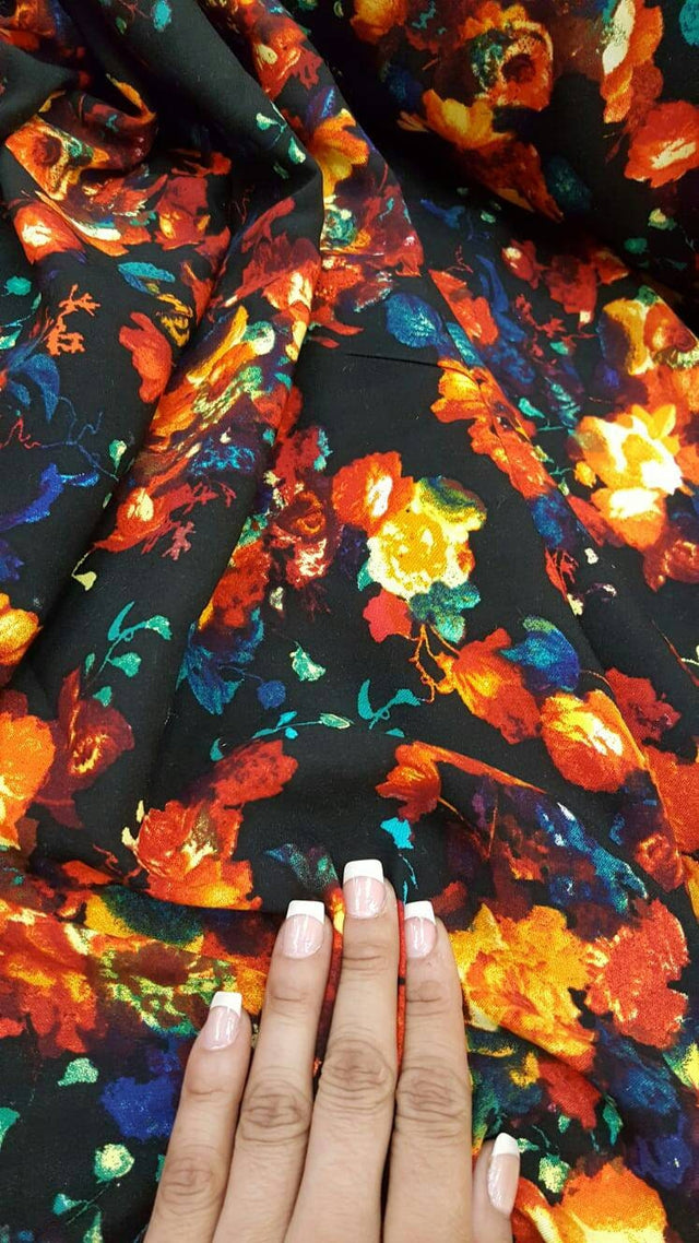 Rayon Floral Print Fabric Black Background