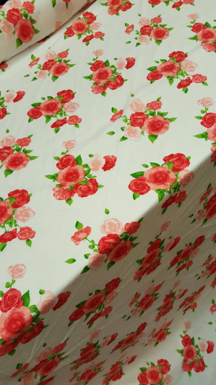 Rayon Challis Floral Roses Red Pink Green