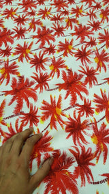 Rayon Challis Red Palm Trees Off White