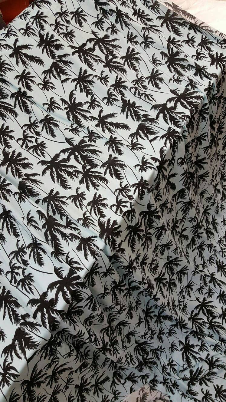 Rayon Challis Black Palm Tree on Baby Blue Background