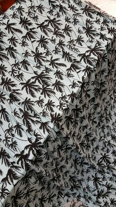 Rayon Challis Black Palm Tree on Baby Blue Background