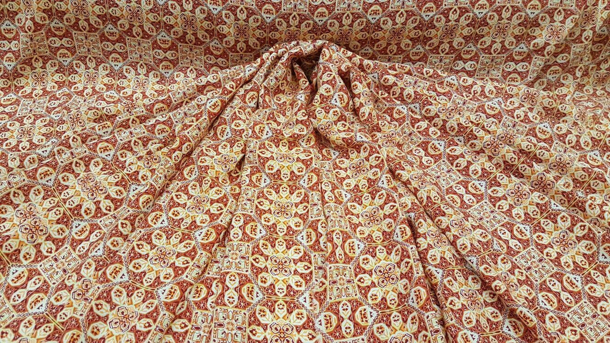 Rayon Challis Orange Yellow Geometric Floral Print