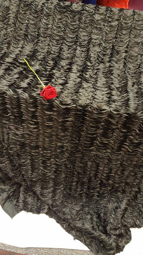 Black Satin Waves Ruffles Fabric