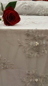 Silver Embroidery Lace with Pearls on Mesh