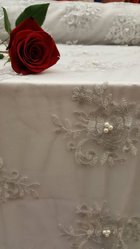 Silver Embroidery Lace with Pearls on Mesh