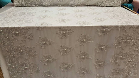 Silver Embroidery Lace with Pearls on Mesh