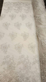 Silver Embroidery Lace with Pearls on Mesh