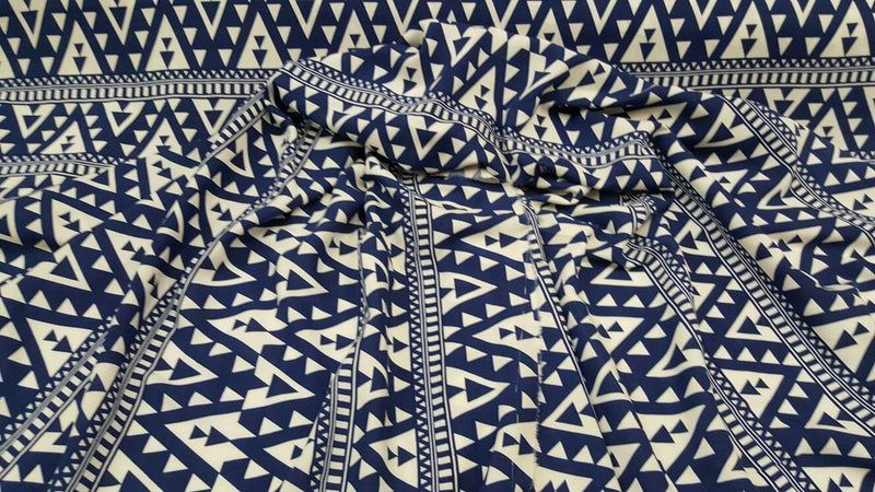 Rayon Challis Geometric White and Blue Fabric